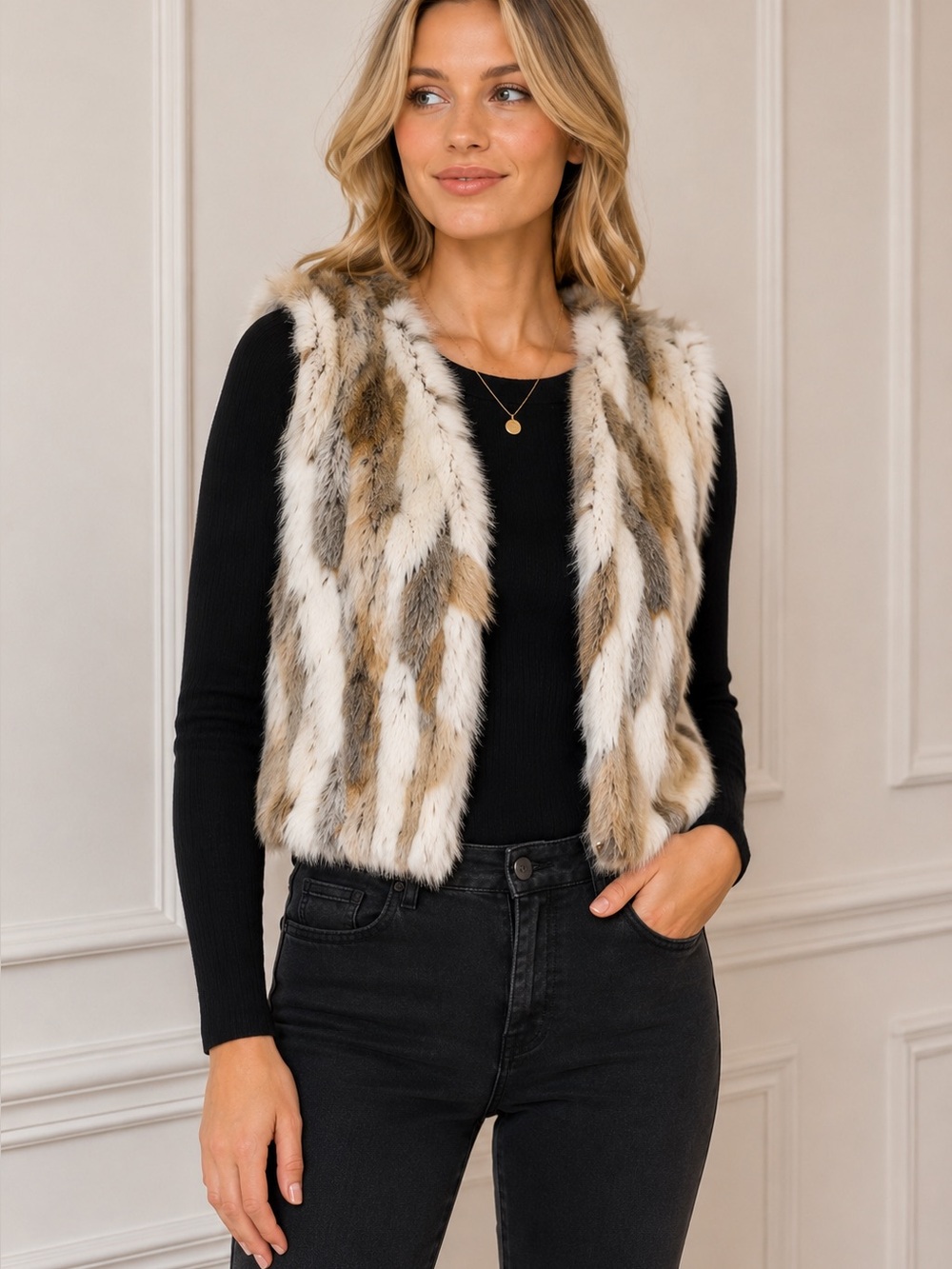 Adrienne Landau Genuine Rabbit Fur Vest Women’s Medium Collared Patchwork